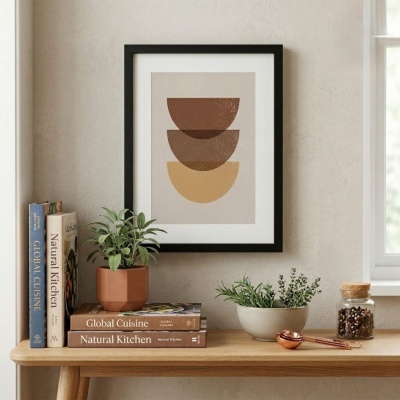 Estante de madeira com livros, planta em vaso terracota, quadro abstrato, tigela com ervas, frasco de vidro e colheres de metal.