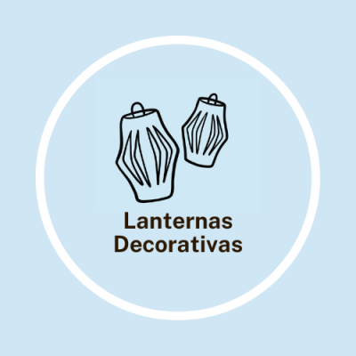 Desenho de duas lanternas decorativas pretas sobre fundo azul claro com texto