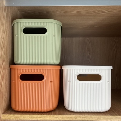 Três caixas de plástico coloridas em prateleira de madeira