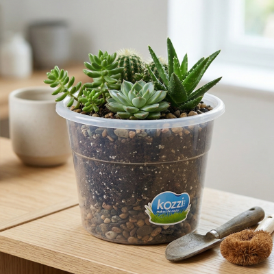 Vaso transparente com várias suculentas verdes em terra e pedras sobre mesa de madeira com utensílios de jardinagem