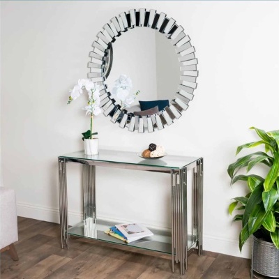 Espelho redondo com moldura espelhada e consola metálica com tampo de vidro