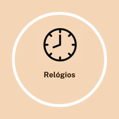 Ícone de relógio analógico preto em fundo bege com a palavra Relógios