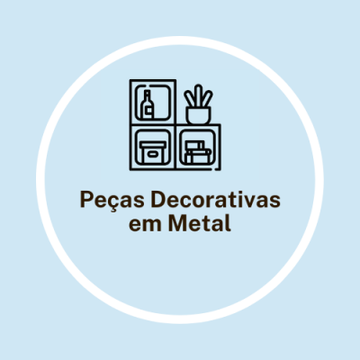 Ícone de prateleiras e texto 'Peças Decorativas em Metal' em fundo azul claro