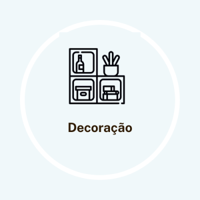 Ícones de decoração com nichos contendo uma garrafa, vaso, caixa e livros, com texto Decoração