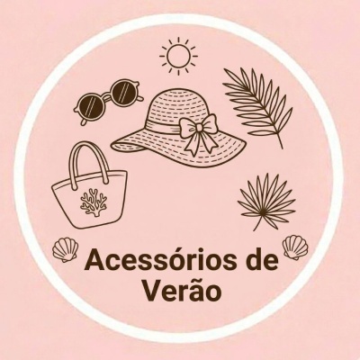 Ilustrações de acessórios de verão em círculo branco sobre fundo rosa, incluindo chapéu, óculos, mala e folhas, com texto