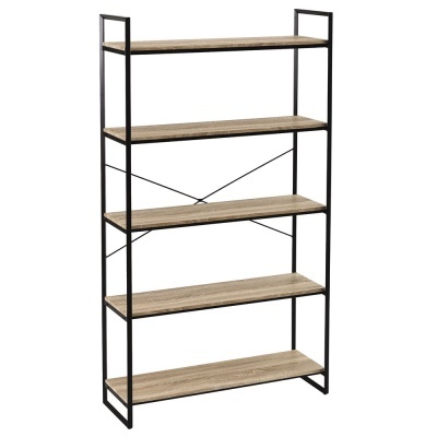 Estante de madeira clara com estrutura metálica preta