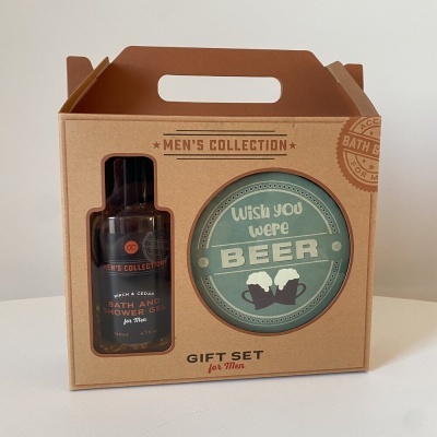 Conjunto de presente MEN'S COLLECTION com gel de banho e lata com texto 'Wish you were BEER'