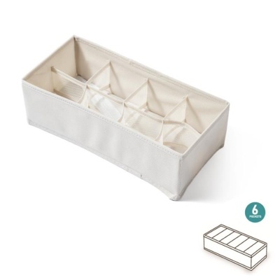 Organizador retangular em tecido bege com seis compartimentos