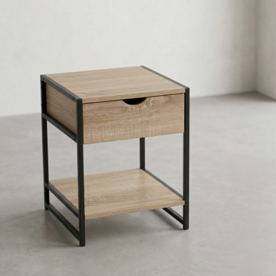 Mesa de cabeceira de madeira e metal num chão cinzento com parede branca