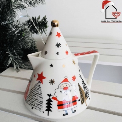 Bule de cerâmica branco com padrão natalício e alça vermelha às pintinhas brancas