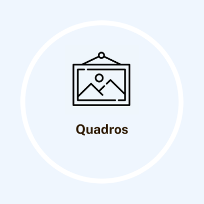 Ícone de quadro com montanhas e sol, texto 'Quadros'