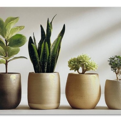 Quatro plantas em vasos cerâmicos de várias cores alinhados sobre superfície branca