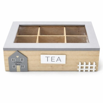Caixa de armazenamento para chá em madeira com tampa transparente e seis compartimentos