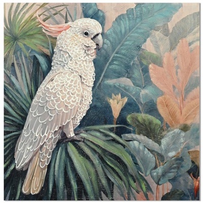 Pintura de papagaio branco em folha tropical colorida