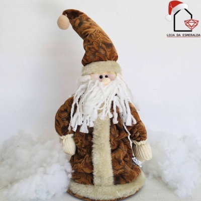 Boneco Pai Natal decorativo com traje castanho e barbas brancas