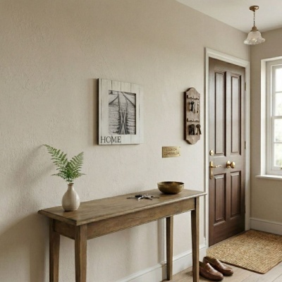 Entrada com móvel consola de madeira, vaso com planta, quadro com texto HOME, cabide com chaves e porta castanha