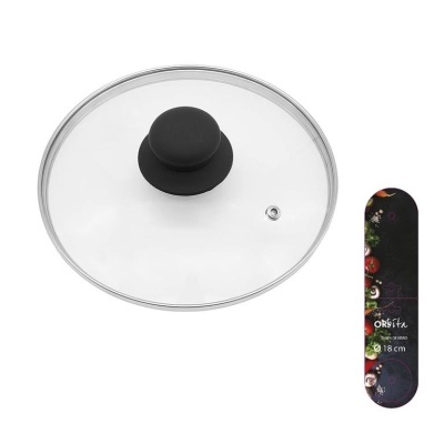 Tampa de panela de vidro com pega negra e etiqueta