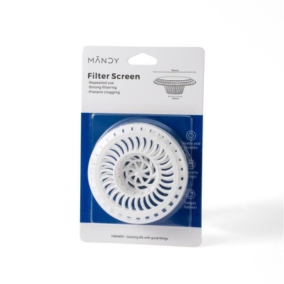 Filtro de ecrã branco embalado em cartão branco e azul da marca MANDY