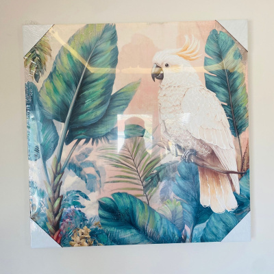 Tela decorativa com papagaio branco e folhas verdes