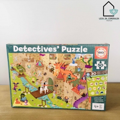 Caixa de quebra-cabeça infantil 'Detectives' Puzzle' de 50 peças com imagem de castelo e personagens coloridos