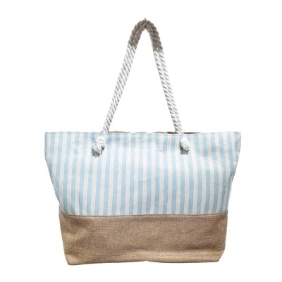 Saco riscas azuis e brancas com base castanha e pegas de corda