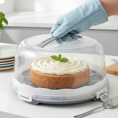 Porta-bolo plástico branco e transparente com bolo e mão enluvada a segurá-lo