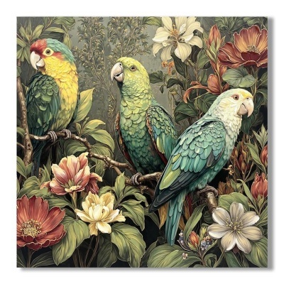 Pintura decorativa com três papagaios coloridos e flores grandes