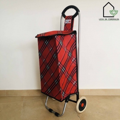 Carrinho de compras vermelho com padrão xadrez em fundo branco