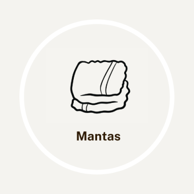 Ícone gráfico de mantas dobradas com texto 'Mantas' em fundo cinzento claro