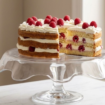 Bolo de camadas com framboesas e chantilly em prato de vidro