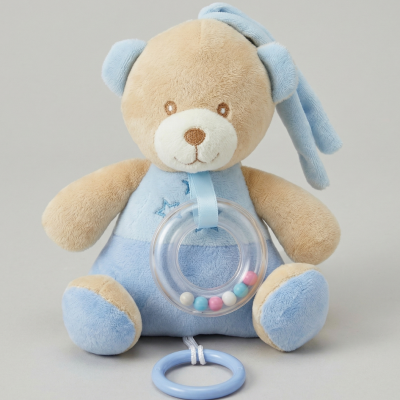 Urso de peluche azul e bege com anel transparente e anel azul claro