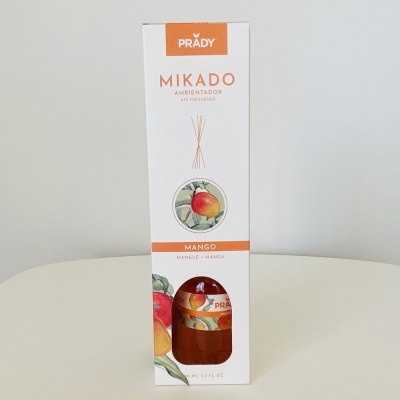 Caixa branca de ambientador PRADY MIKADO aroma manga com frasco castanho vermelho