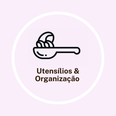 Ícone de utensílio de cozinha com texto Utensílios & Organização