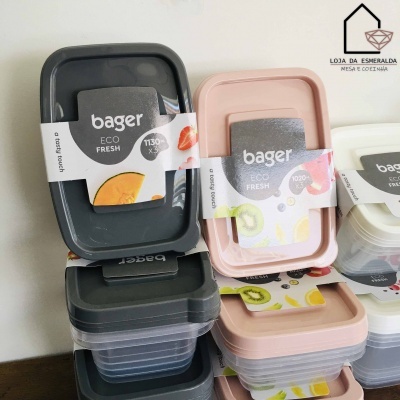 Caixas de armazenamento alimentar Bager Eco Fresh com tampas coloridas e rótulos