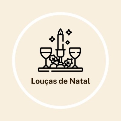 Ícone preto de castiçal com vela e duas taças com folhas de azevinho e texto 'Louças de Natal'