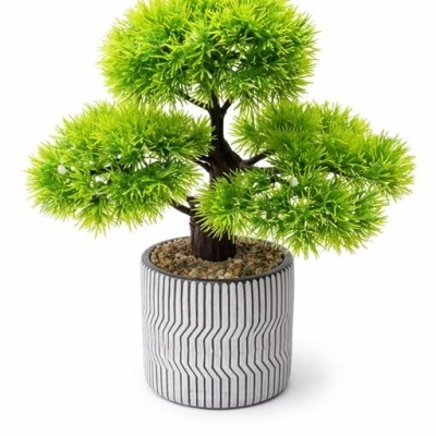 Planta artificial verde em vaso cinzento com padrão preto