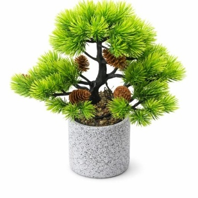 Planta artificial estilo bonsai com pinhas num vaso cinzento