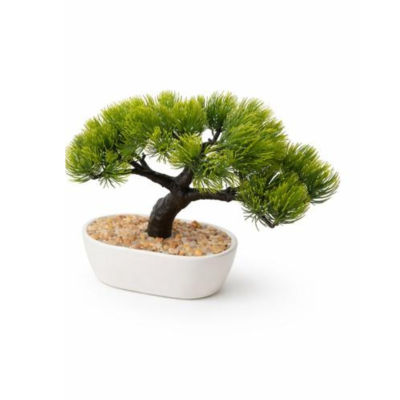 Bonsai artificial em vaso branco com pedrinhas