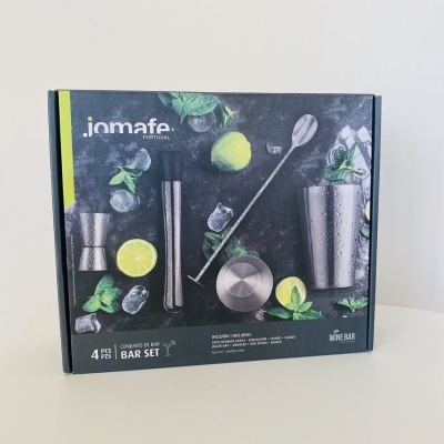 Conjunto de bar Jomafe Portugal com 4 peças em aço inoxidável em embalagem preta com limas e hortelã
