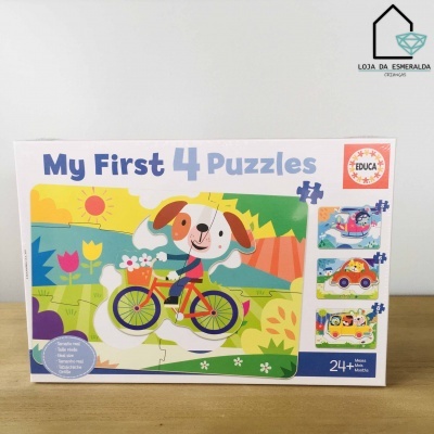 Caixa de 4 puzzles infantis da EDUCA com ilustração de cão numa bicicleta