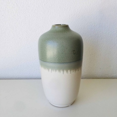 Vaso de cerâmica verde e branco sobre superfície branca