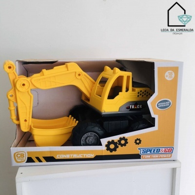 Carrinha escavadora de brinquedo amarela e preta em caixa amarela