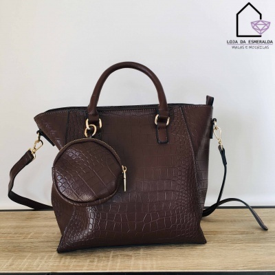 Mala castanha escura com padrão crocodilo e bolsa redonda destacável