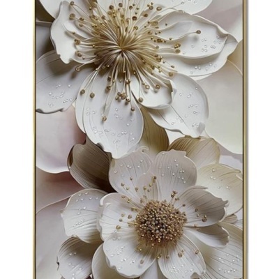 quadro decorativo de flores 3D em branco e dourado com moldura fina