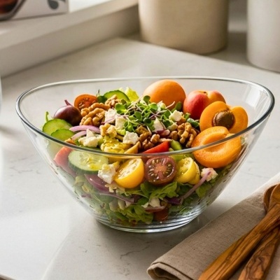 Saladeira de vidro com salada colorida e frutas em bancada de cozinha