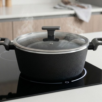 Panela preta com tampa de vidro no fogão de indução a vapor