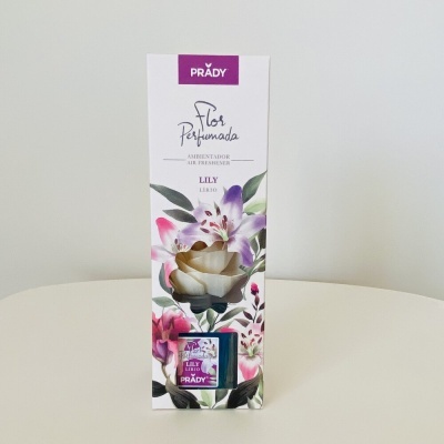 Caixa branca de ambientador floral PRADY Flor Perfumada LILY com frasco visível