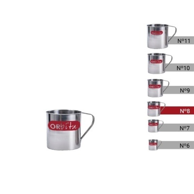 Caneca metálica prateada com logótipo ORbita em vermelho e branco e indicação de tamanhos do Nº6 ao Nº11