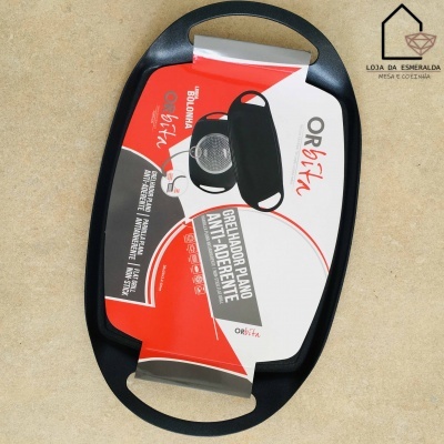 Tabuleiro plano antiaderente Orbita com cabos pretos e embalagem vermelha, branca e preta