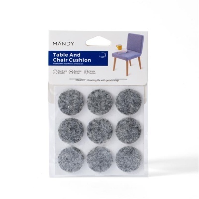 Almofadas redondas cinza para pernas de mesa e cadeira em embalagem da marca MÁNDY